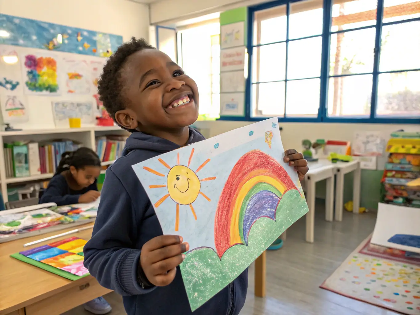 A heartwarming image of children proudly displaying their artwork and school projects, showcasing their achievements and the positive impact of EduMelodies' programs on their lives. The background features a supportive community environment.