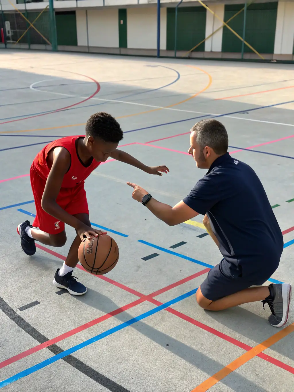 A focused child dribbling a basketball while a coach gently guides their posture, emphasizing attentive practice and learning during a Sweet Dreamers Edumelodies session.